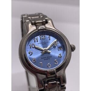 LA Express Womens Silver Tone Blue Dial Watch Works New Battery